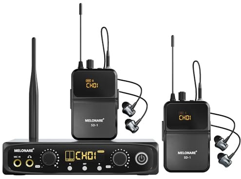 MELONARE Sistema de monitor intraural inalámbrico, sistema IEM estéreo y mono con receptores de cuerpo y auriculares, 10 frecuencias sintonizables, rango de 200 pies, monitores intraurales para