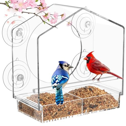 Jarkyfine Window Bird Feeder with Strong Suction Cups - Clear Acrylic Bird Feeders for Outdoors, Sturdy and Durable, Gifts for Mom Elderly