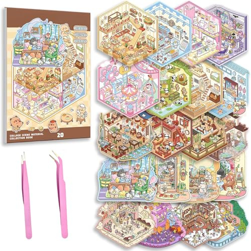 20 Sets DIY 3D-Hausaufkleber-Set, ungiftig und sicher, 3D-Miniatur-Szenentherapie für Kinder und Erwachsene, Stressabbau-Aufkleber-Szenen mit Pinzette, kreativer Spaß & wiederverwendbares