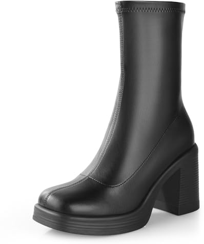 Ankis Platform Ankle Boots for Women Chunky High Heels Side Zipper Gogo Boots Comfort Women's Party Dress Booties Shoes, Black Pu, 6 UK