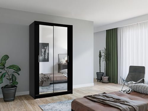 Krudox LUX Schwarz Schiebetürenschrank Kleiderschrank 120x216x62 cm mit Spiegel - Schlafzimmermöbel, Aufbewahrung – Mehrzweckschrank mit 2 Kleiderstangen