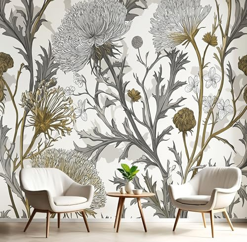 Hand Drawn Thistle Flowers Wallpaper Wall Mural, Plant Elements Photo Wallpaper, Light Gray 200×150 Cm Silk Cloth Art Roll Wallpapers Wall Covering, for Living Room Bedroom