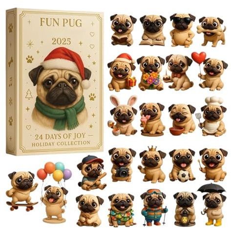 Lustiger Mops-Adventskalender 2025, 24 Tage, Hunde-Adventskalender 2025 mit niedlichen 2D-Acryl-Mops-Ornamenten, Weihnachts-Countdown-Kalender für Kinder, Erwachsene, Hundeliebhaber, Urlaub