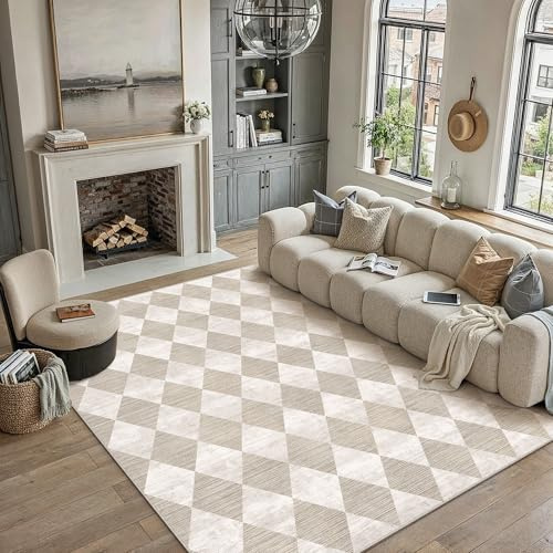 PureCozy Teppich 200x300cm Beige Waschbar Moderne Kariert | Moderner Karo Teppiche,Waschbar,Rutschfest,Weich,Kurzflor,für Wohnzimmer,Schlafzimmer,Esszimmer,Büro