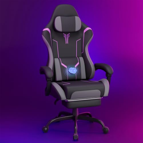 Soontrans Silla Gaming con Masaje Lumbar Silla Gamer con Reposapiés Retráctil y Cojín Sillas Gaming Respaldos Inclinables hasta 135 Grados Capacidad de Carga de 150 kg (Grey-púrpura)