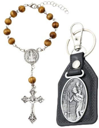 PjuQow Rosenkranz Katholisch, Christopherus Auto, Heiliger Christophorus Auto, 4-teiliges Set mit Holzperlen, Schlüsselanhänger und Geschenktasche