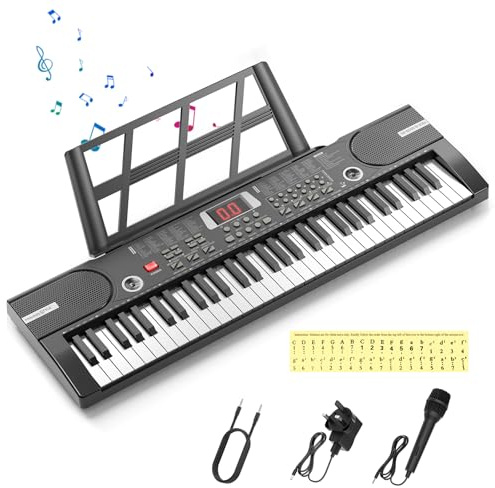 Keyboard Piano 61 Keys, Equipped with Themed Stickers and Video Tutorials, Music Keyboard for Beginners, Kids Piano Keyboard with Detachable Music Stand & Power Adapter & Microphone & Audio Cable
