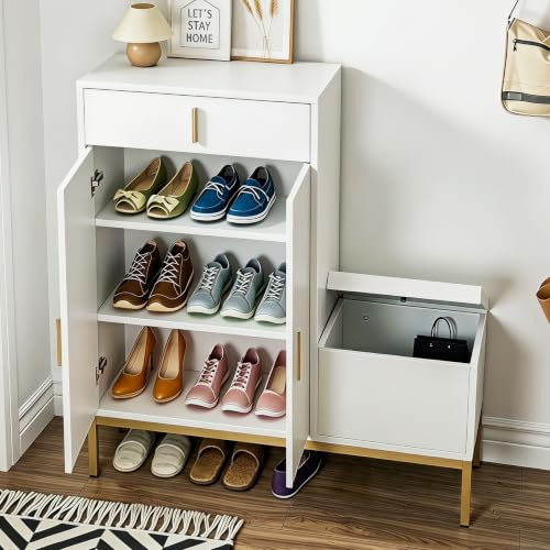 KEEPREAPER Schuhschrank Tiefe 30cm Schuhkommode Weiß + Gold | mit Sitzbank und verstellbaren Trennwände, Schuhaufbewahrung mit Verstecktes Staufach und Schublade, Flur Eingang
