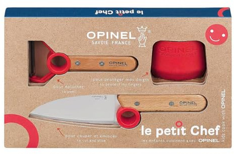 OPINEL Kinder Sicherheit Küchenmesser Set Le Petit Chef 3-teilig Edelstahl Messer und Schäler mit Fingerschutz rot, ergonomischer Griff, Kochset für Kinder Küche