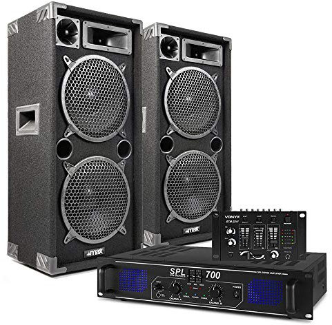 Max210 Dual 10 Passive DJ PA Speaker System with Skytec SPL-700 Amplifier, Vonyx 4-Channel Mixer & Cables Complete Party & DJ Audio Setup (1800W)