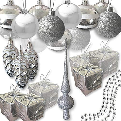 Silberne Weihnachtsdekoration – Set mit 27 verschiedenen Formen – Weihnachtskugeln, kleine silberne Geschenke und glänzende Tannenzapfen mit weißem Glitzer – 1 silberne glitzernde Baumspitze
