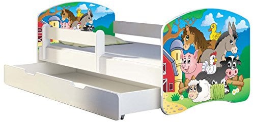 Kinderbett Jugendbett mit einer Schublade und Matratze Weiß ACMA II 140 160 180 40 Design (180x80 cm + Bettkasten, 34 Farm)