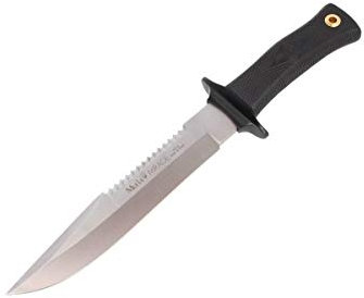 Muela Cuchillo Mirage MIRAGE-20 hoja de acero MoVa de 20 cm y empuñadura de goma negra para Caza, Pesca, Supervivencia y Bushcraft Realizado en Ciudad Real + Portabotellas de regalo