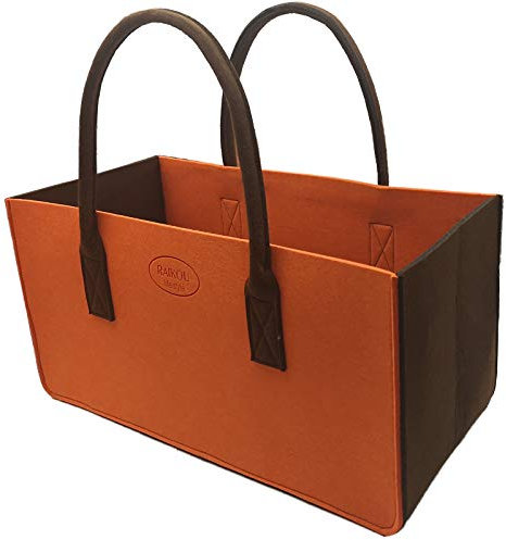 RAIKOU KULT Filz-Tasche Shopper NEU Filzkorb Einkaufstasche Henkeltasche Zeitungskorb Stabile Kaminholztasche Zeitungsständer auch für Spielzeug Garten Picknick Strand (Orange/Coffee,50x34x27cm)