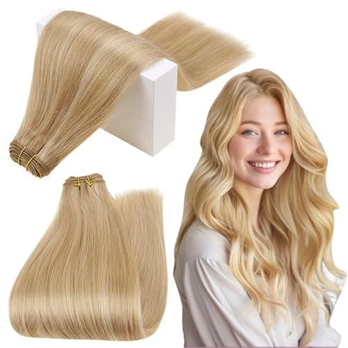 RUNATURE Echthaar Tressen 50cm Blond Highlight Remy Echthaar Tressen Zum Einnähen Goldblond Highlight Hellblond Glatt Tressen Echthaar Extensions Gerade Menschliches Haar #16P24 100g