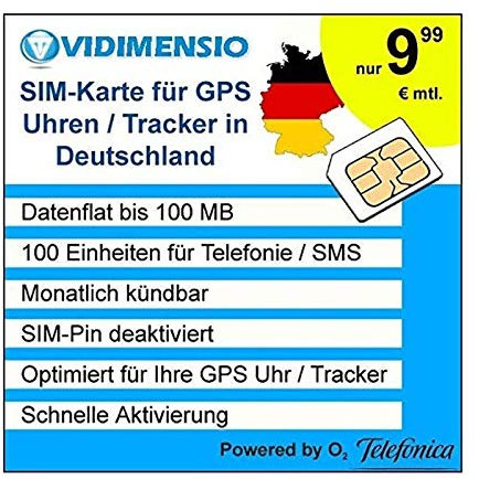 VIDIMENSIO SIM-Karte für GPS Uhr/GPS Tracker - NUR für Kunden mit Wohnsitz in DE - O2 Netz, 100 MB Daten, 100 Min/SMS inkludiert