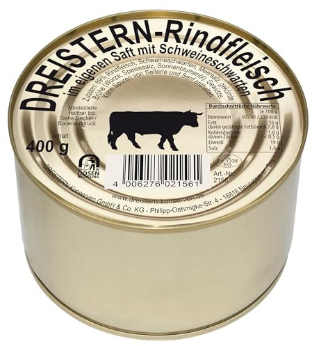 DREISTERN Rindfleisch im eigenen Saft 400g I Mit Schweineschwarte I Proteinreiche Spezialität in recyclebarer Goldlackdose I Lange Haltbarkeit dank natürlicher Konservierung I Hausmacher Qualität