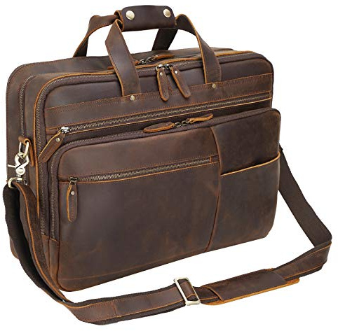 Polare - Valigetta in pelle pieno fiore XL da 45,7 cm, da uomo, per viaggi d'affari, adatta per laptop da 17,3 (marrone)
