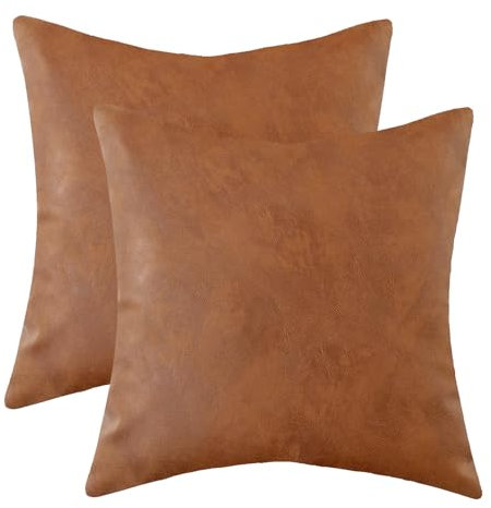 Vfuty Cognac-braune Kunstleder-Kissenbezüge, 45,7 x 45,7 cm, moderne Kissenbezüge aus solidem Leder, Boho-Kissenbezug für Couch, Bett, Sofa, Terrasse, Bauernhaus-Dekor (nur Bezug, 2 Stück)