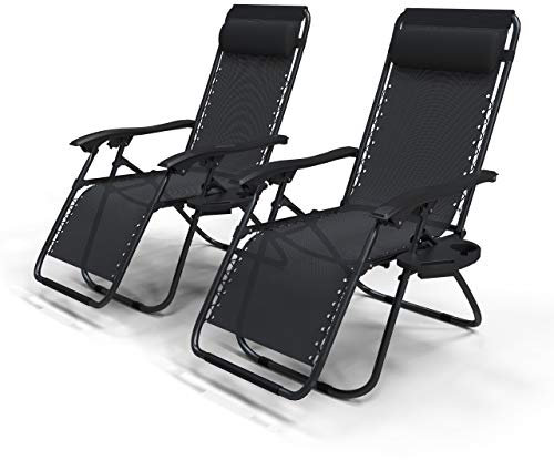 VOUNOT® Set di 2 Sdraio da Giardino con Portabicchieri e Poggiatesta Regolabile, Sedia Pieghevole Zero Gravity da Esterno, Poltrona Relax, Carico Massimo 120kg, Nero