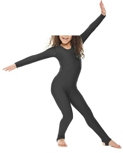 BODYWEAR LTD Langärmeliger Catsuit für Mädchen, glänzend, Nylon, Ganzkörperanzug, Gymnastikanzug, bequeme Passform, perfekt für Tanz, Ballett, Gymnastik, Schwarz , 11-12 Years