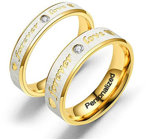 Ihanskio Personalisierte Goldversprechen-Paarringe passend zur ewigen Liebe Gravierte Zirkonia gepflasterte Eheringe aus Edelstahl und Titan Breite 4 mm 6 mm
