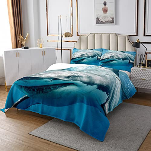 Homewish Hai Bettdecke für Kinder, 3D Hai Bettdecke Set 170x210 Jungen Mädchen Teens Erwachsene Ozean Meer Tier Bettwäsche Set Unterwasserwelt Kunst gesteppt, Blau Weiß Bettdecke Bettdecke Set