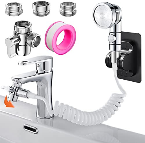 Ensemble Pommeau Douche pour Lavabo, Roscid 3 Modes Pommeau de Douchette de Salle de Bain Pomme de Douche à Main avec Adaptateurs de Robinet, 3 Mètres Blanc Tuyau Longeur(Robinet pas Inclu)