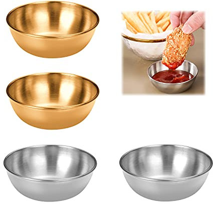 Lot de 4 bols ronds en acier inoxydable Tasses à Sauce Tasses à Condiments en Acier Inoxydable Bol à Mélanger en Acier Inoxydable Condiments, Pour sauces, sushis, mini entrées de Soucoupe (Or/argent)