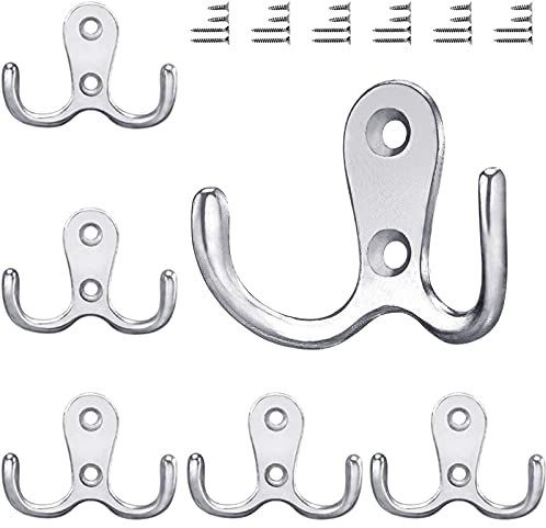 Gorffy Kleiderhaken Silber, 6 Stück Garderobenhaken Vintage mit Schrauben, Metall Doppelhaken Wandhaken, Kleiderhaken Wand für Bad, Küche (Silber, 6 Stück)
