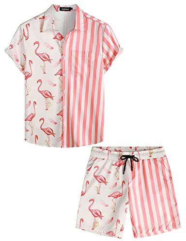 VATPAVE Herren Flamingo Hawaii 2 Teiliges Sets Kurzarm Freizeithemden Strand Outfits Klein Rosa Flamingo