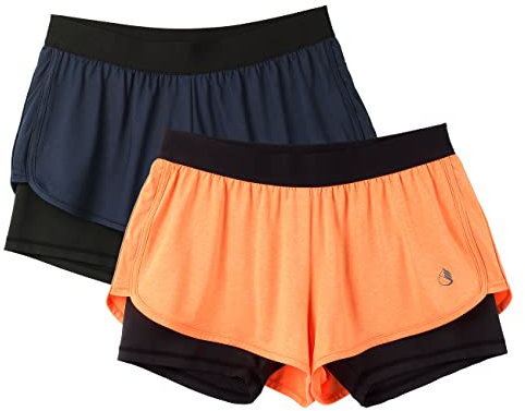 icyzone Damen Laufshorts 2 in 1 Sport Yoga Training Shorts Kurze Sporthose Laufhose, 2er Pack (Ink Blue/Orange, XL)