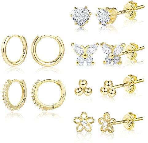 Gold Ohrringe Ohrstecker Set, 2 Paar Creolen Ohrringe mit 4 paar Diamanten Ohrstecker klein, Hypoallergen CZ Knorpel Ohrringe Ohrstecker Set für Damen Männer Frauen