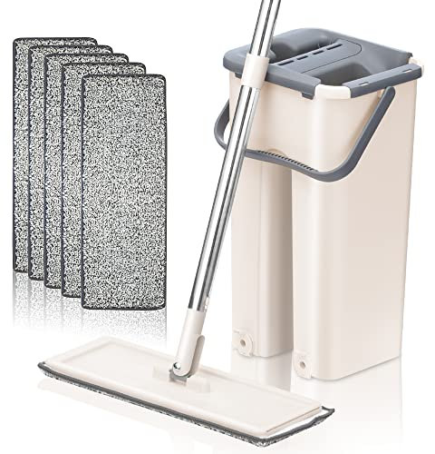 Mopa Limpieza Suelo [Doble FUNCIÓN] con Cubo Escurridor Trapeador Plana Almohadilla de Microfibra Absorbente Mop Bucket Limpia Tarima Parquet Gress Mármo