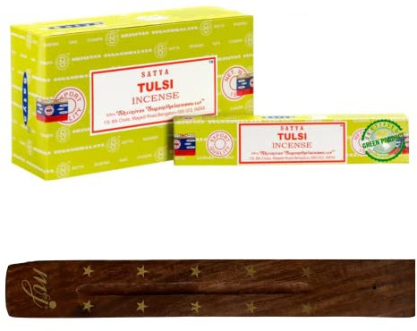 M & J Original Satya Nag Champa Tulsi Räucherstäbchen | mit M&J Räucherstäbchenhalter | Volle Box | für Aromatherapie, Spa, Yoga, Hochzeiten, Meditation, Heilung, Positivität und Entspannung