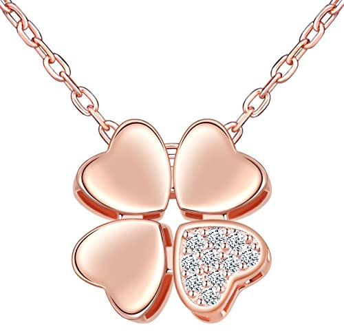 Yumilok Collier pour Femme et Fille, Collier Pendentif en Argent 925, Collier de Trèfle à quatre feuilles or rose, décoré de zircon brillent, Bijou argent élégant