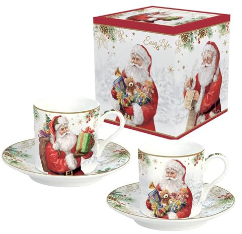 Easy Life Set mit 2 Kaffeetassen, 7,5 cl, aus Porzellan, SANTA IS COMING