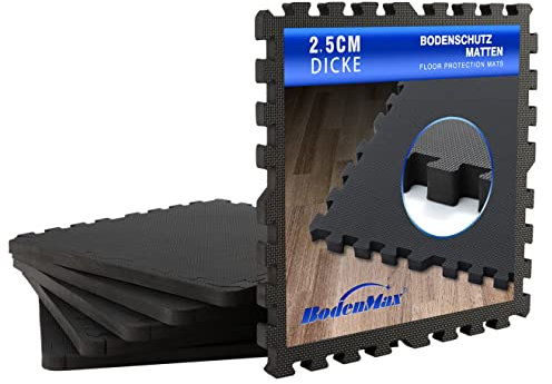 BodenMax Gymnastikmatten rutschfest Unterlage Pool Dart Teppich Dicke Gym Bodenmatten für Sportgeräte | 58x58x2.5 cm schwarz | 12 Stück