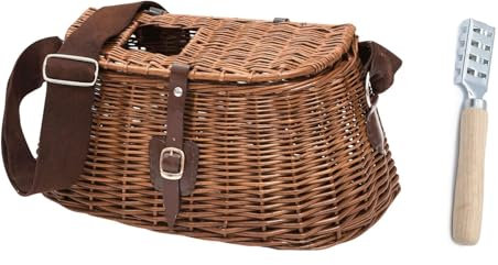 Fliergenfischer-Korb Anglerkorb aus Weide, Wicker Fischkorb, geflochtener Fischerkorb, mit Riemen, Weidenkorb Forellen Watkorb + gratis Fischschupper