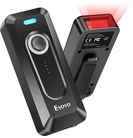 Eyoyo 2D Bluetooth Barcode Scanner mit Klipp, 2000mAh Akku mit Füllstandsanzeige, tragbarer Mini Wireless QR Barcode Scanner für Bibliotheksbuch Inventar Kompatibel mit iPhone, Android PC