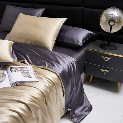 Luowei Bettwäsche 135x200 cm Satin Seide Wende Bettwäsche Set Gold Khaki Ästhetik Anmut Hoteldekoration Bettbezüge Weich glatt für Nachtschweiß mit Reißverschluss und 1 Kissenbezug 80x80cm