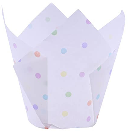 24 PME Fogli di carta per muffin a forma di tulipano, Pois arcobaleno