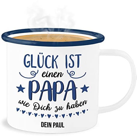 Emaille Becher Blechbecher - zum - Glück ist einen Papa wie Dich zu haben I Papa Geschenk Vatertag - 300 ml - Weiß Blau - tasse vatertagsgeschenk vater es tassen für vatertagsgeschenke als