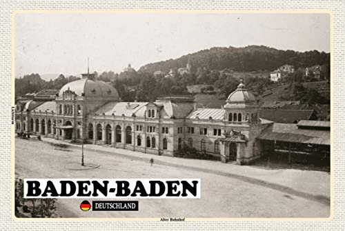 mrdeco Metall Schild 20x30cm gewölbt Baden-Baden Alter Bahnhof Deko Blechschild Tin Sign