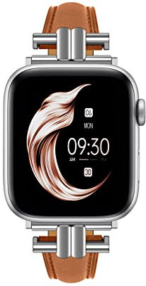 Juntan Leather Slim Band Compatible for Apple Watch 42mm 44mm 45mm Band,Genuine Brown Leather I-Shape Watch Strap Bracelet with Stainless Buckle for iWatch Women Bands Series 8 7 6 5 4 3 2 1 SE