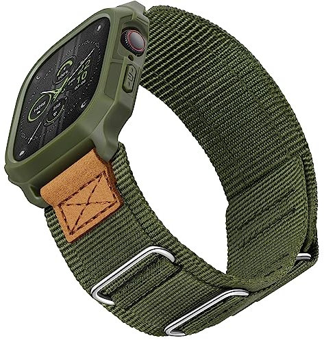 SUNFWR Bands Compatible with Apple Watch 49mm Ultra 3/Ultra 2/Ultra with Case,Rugged Nylon Sport Apple Watch Strap with Protective Cover for iwatch for Men(Army green)