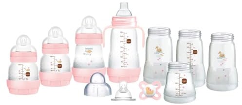 MAM Easy Start Anti-Colic Bottle Starter Set | Includes 4X Feeding Bottles and MAM Original Start 0-2 Month Soother | Self-Sterilising | Baby Gift Set of Newborn Essentials | Lilac (Various Designs)