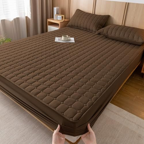 LSZHBSL Matratzenschoner Gesteppt 150x200+30cm Warme Spannbettlaken Superweiches Spannbetttuch Verdicken Matratzenschoner Bettlaken für Matratze bis 30 cm Hohe braun