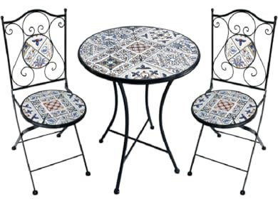 COSE DA CASA Set di Tavolo rotondo con 2 sedie in metallo e ceramica mosaico arredo giardino terrazzo Balcone bar pub hotel ingresso androne