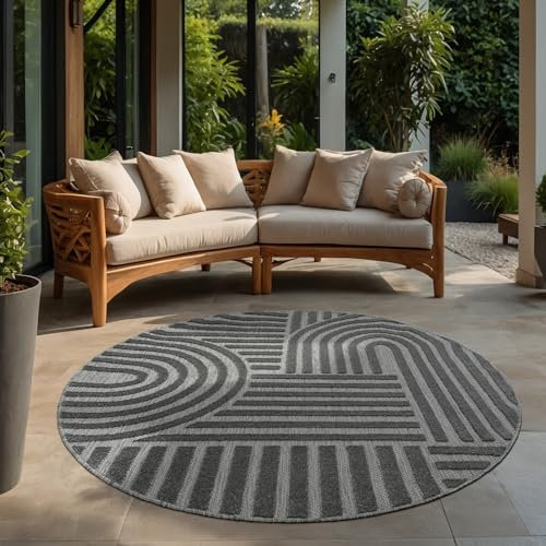 SANAT Berlin Outdoor Teppich Wetterfest - Teppich für den Innen- und Außenbereich - Balkon Teppich Wasserabweisend - Teppiche für Terrasse, Garten, Küche, Bad oder Wohnzimmer - Grau, 200 cm Rund